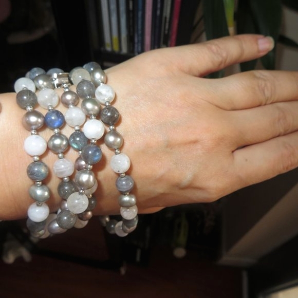 Stunning Extra LONG Moonstone Labradorite Pearl Sterling Silver Necklace - Picture 3 of 16